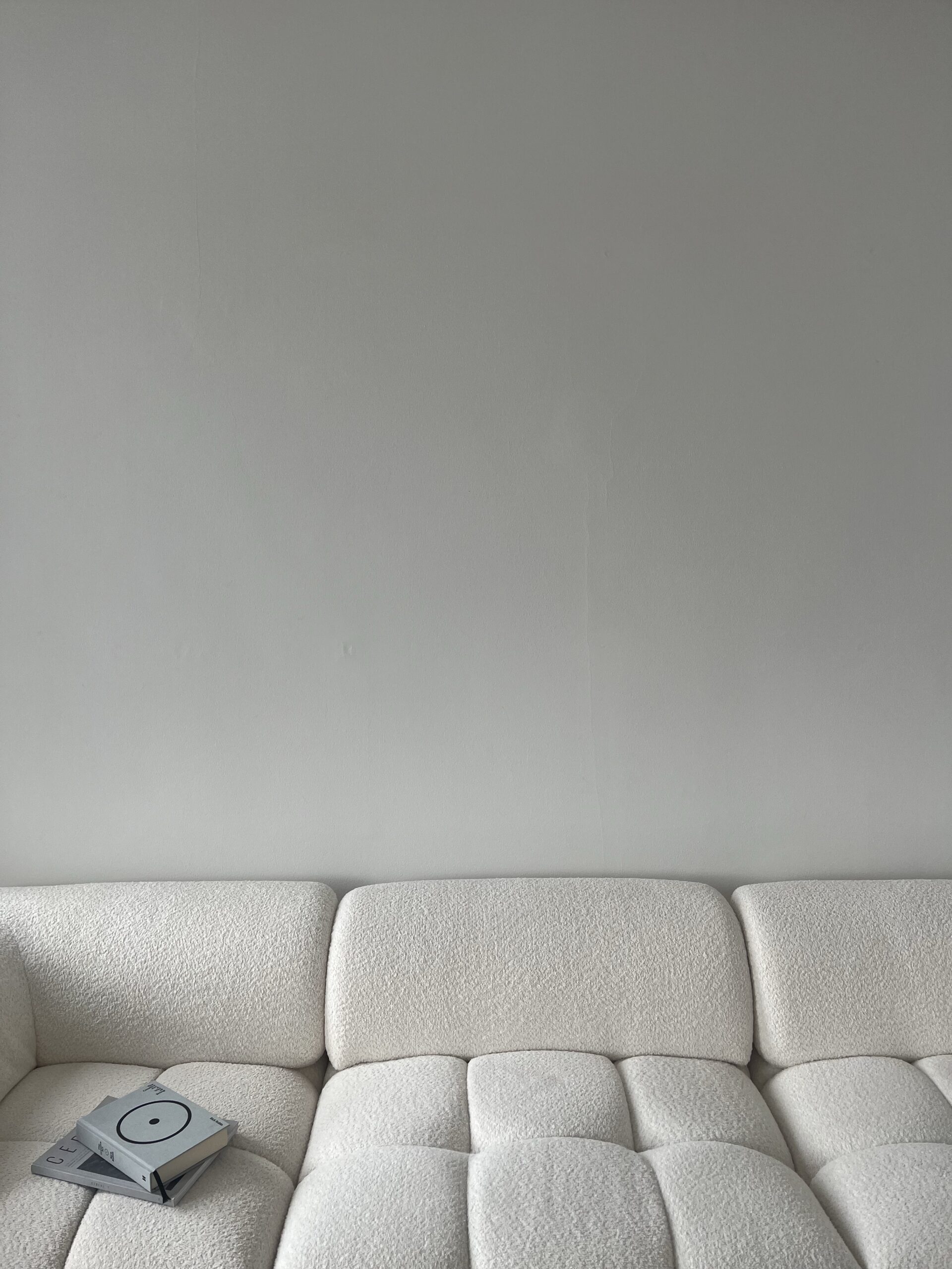 A white couch with books on it